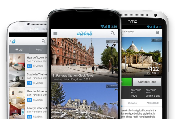  три смартфона демонстрируют старый вид приложения Airbnb 
