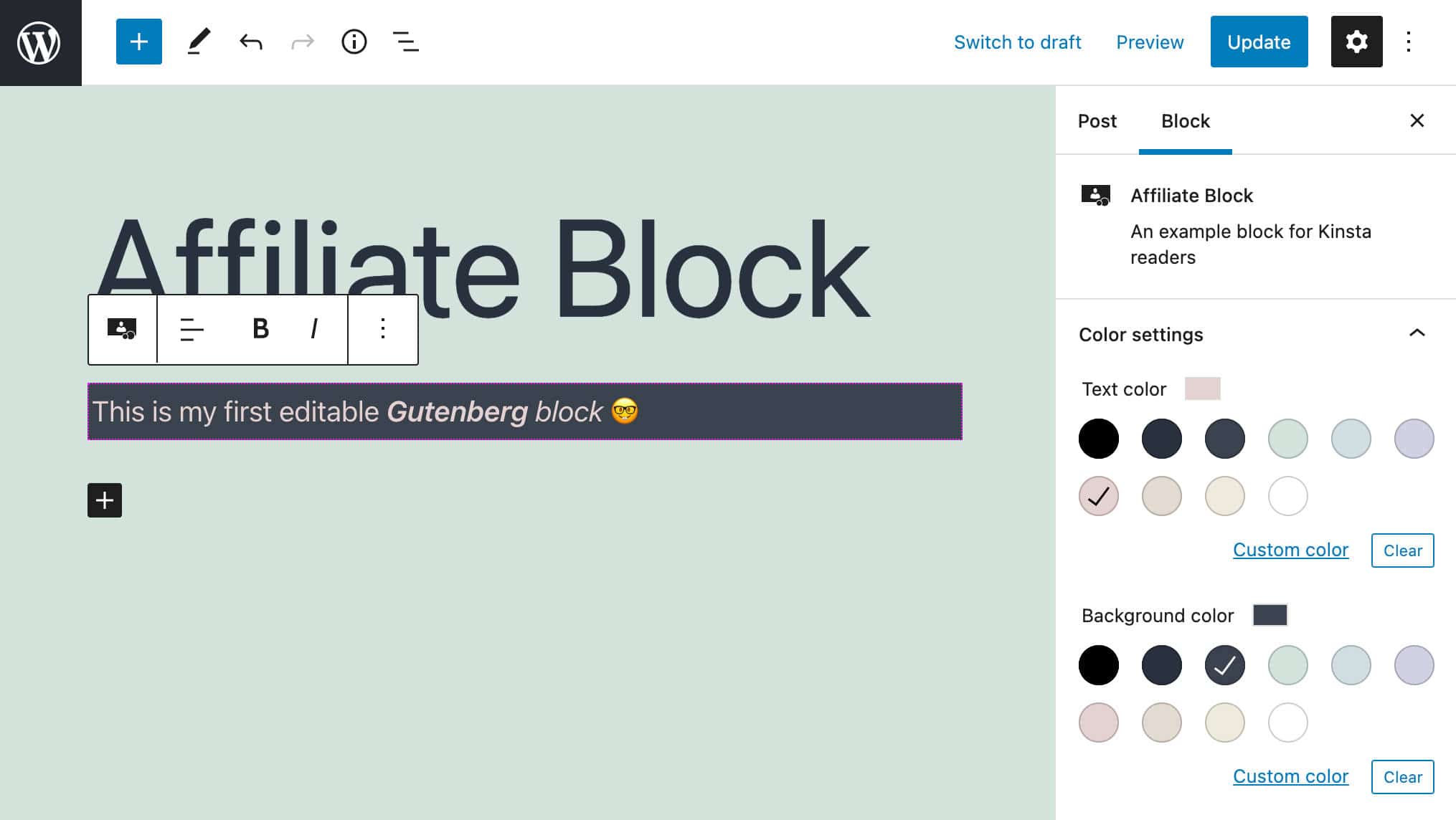 A custom block with a Color Settings panel." width="2030" height="1144"  />

<p class=