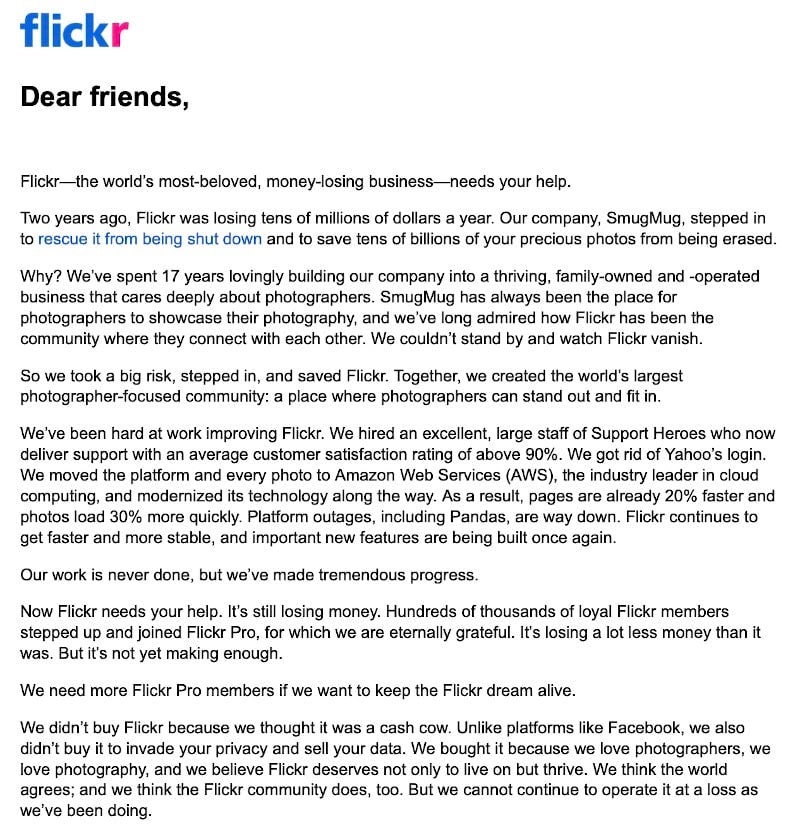 Просьба генерального директора Flickr о помощи отправлена ​​в информационном бюллетене "width =" 800 "height =" 835 "/> 
 
<figcaption> Скриншот письма генерального директора Flickr через Engadget </figcaption></figure>
<h4><span id=