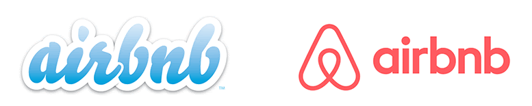  слева старый логотип airbnb синим шрифтом с белым контуром. Справа новый логотип кораллово-розового цвета со значком белого цвета "width =" 777 "height =" 155 