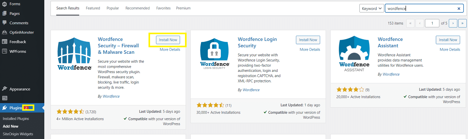 Установите плагин Wordfence Security из репозитория плагинов WordPress.