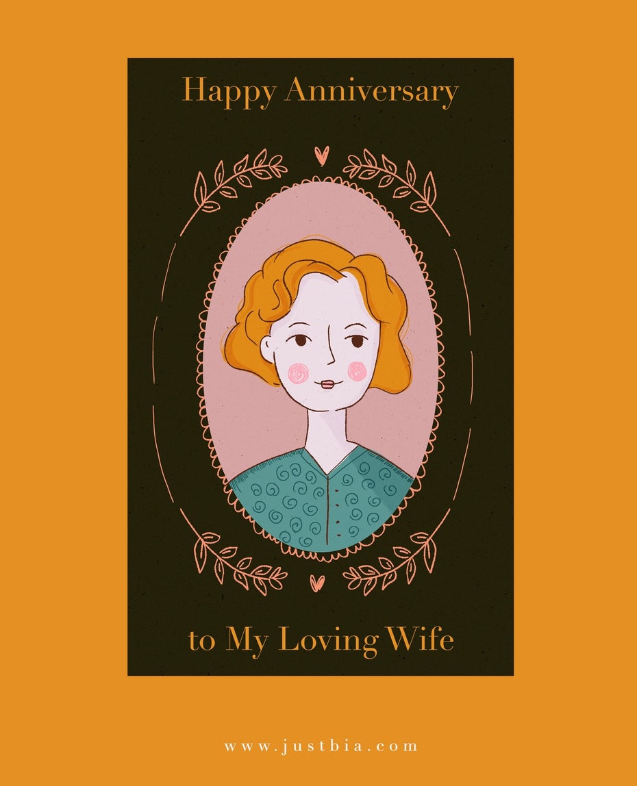  Дизайн юбилейной открытки - иллюстрация женщины в овальной рамке со словами «Поздравляю с годовщиной моей любящей жены». 