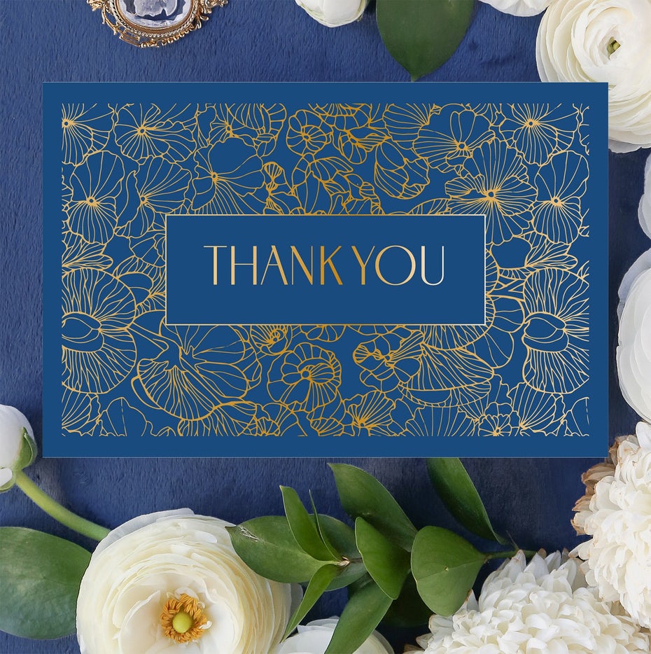  золотая и синяя цветочная открытка с благодарностью "width =" 1800 "height =" 1808 