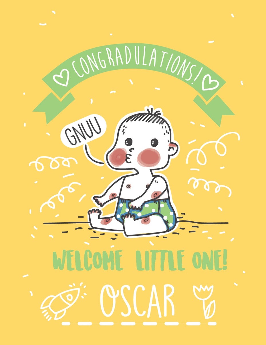  Дизайн детской открытки с текстом «Поздравляем! Добро пожаловать, малышка! Оскар 
