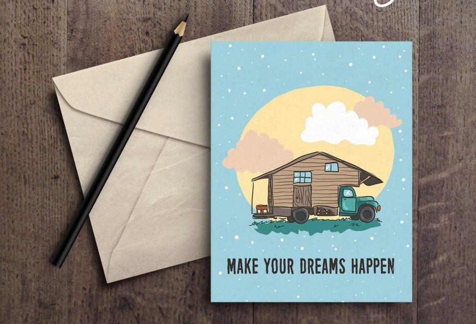  синяя карточка с домом на колесах и текстом «Сделайте ваши мечты реальностью» width = "1062" height = "723 