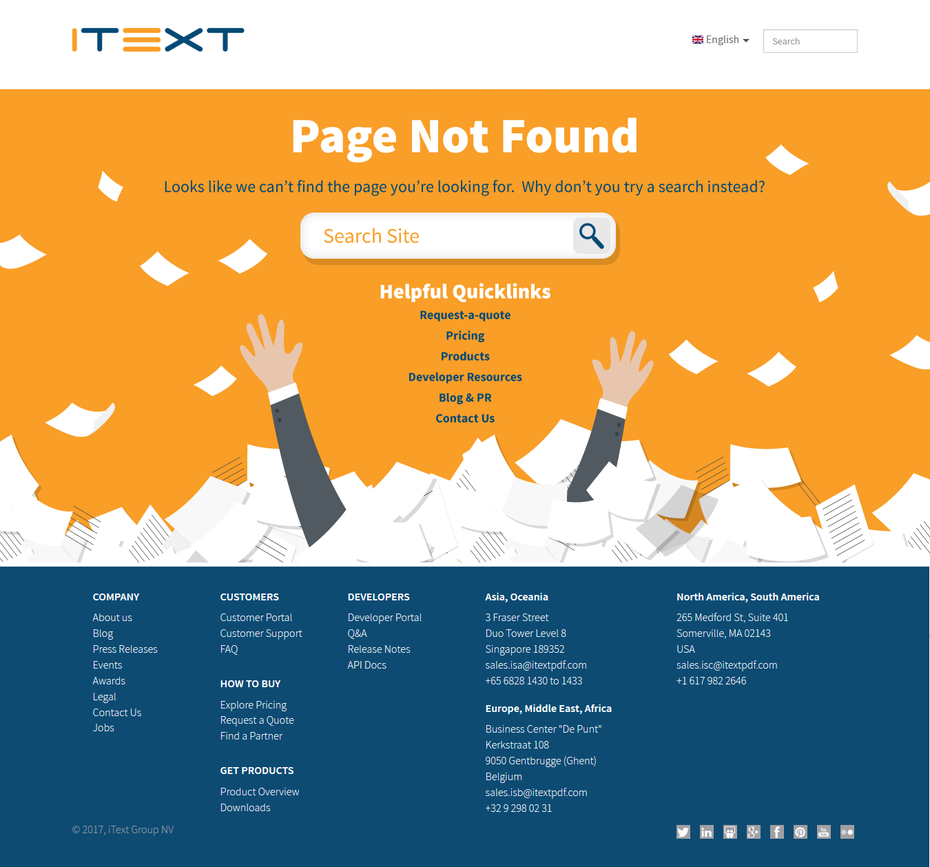 оранжево-синяя страница ошибки 404 с человеком, утопающим в бумагах
