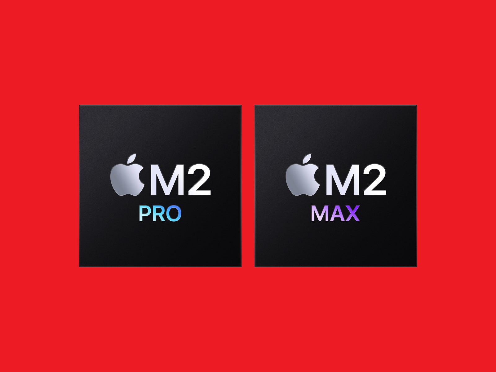 Чипы Apple M2 Pro и M2 Max на красном фоне