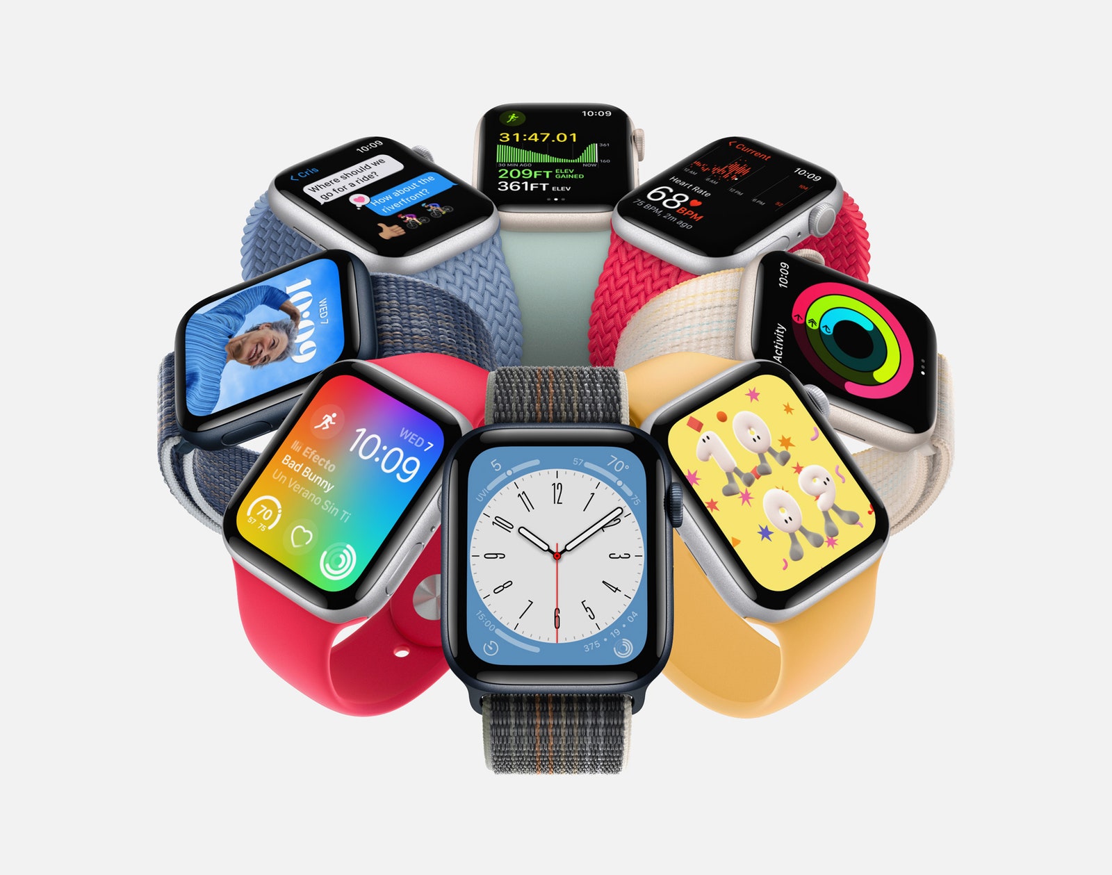 Модели Apple Watch Series 8 с ремешками разного цвета и разными циферблатами
