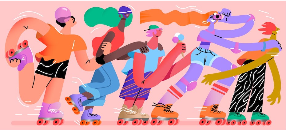 красочная иллюстрация людей, катающихся на коньках