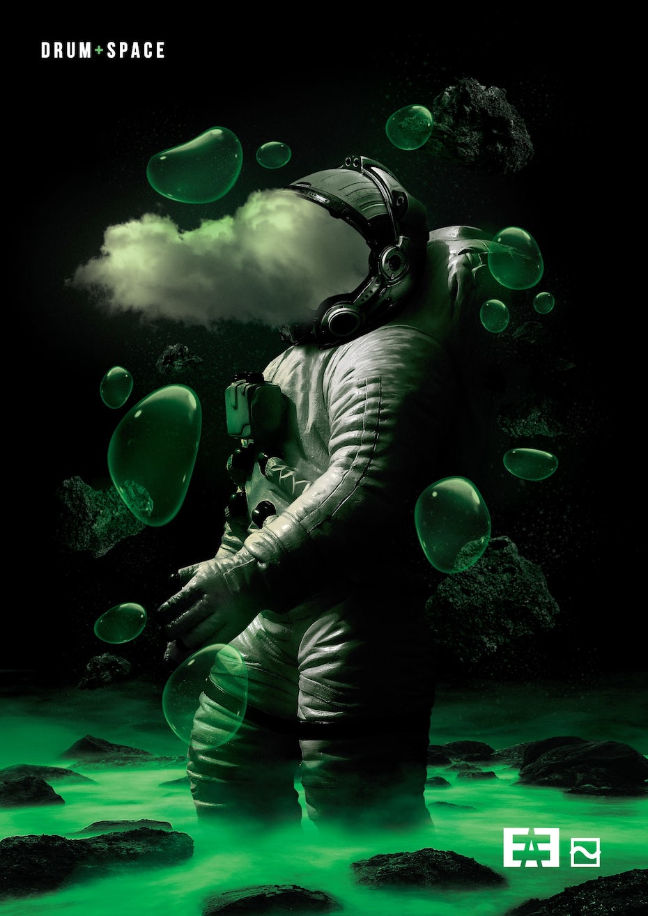 иллюстрация космонавта в черно-зеленом цвете