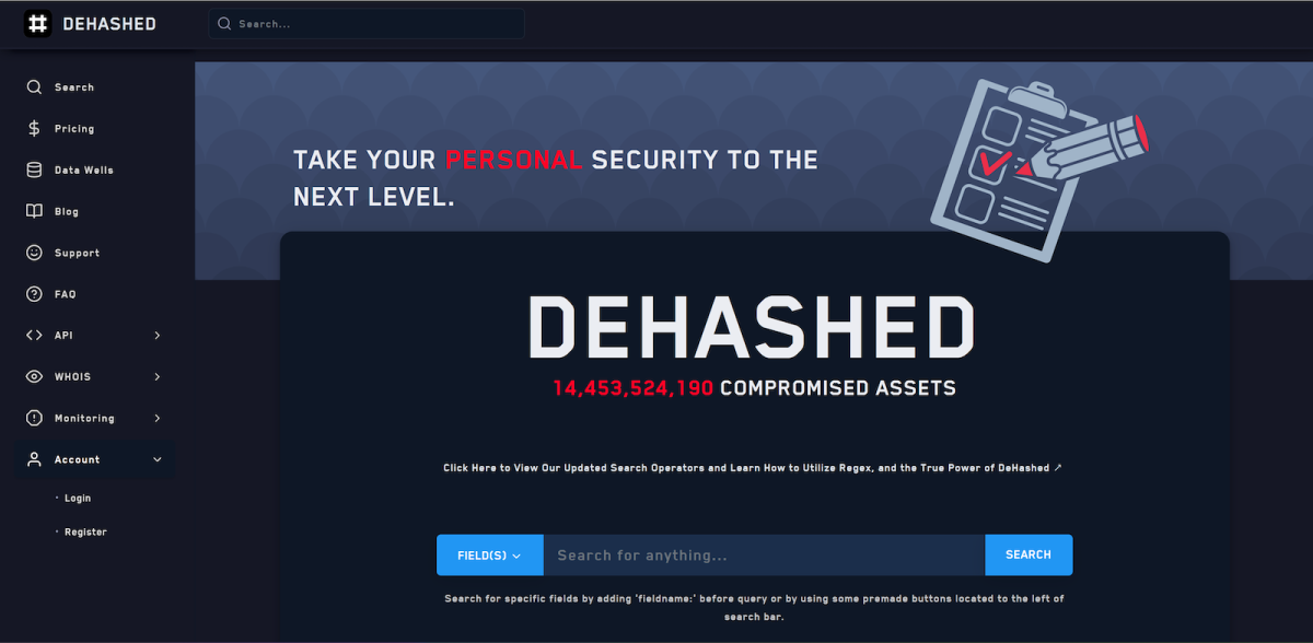 Скриншот домашней страницы DeHashed, просматриваемой через Firefox для Windows.