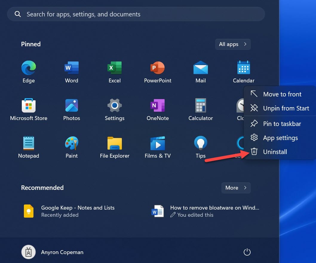 Пункты меню «Пуск» Windows 11, щелкающие правой кнопкой мыши, с указанием «Удалить»