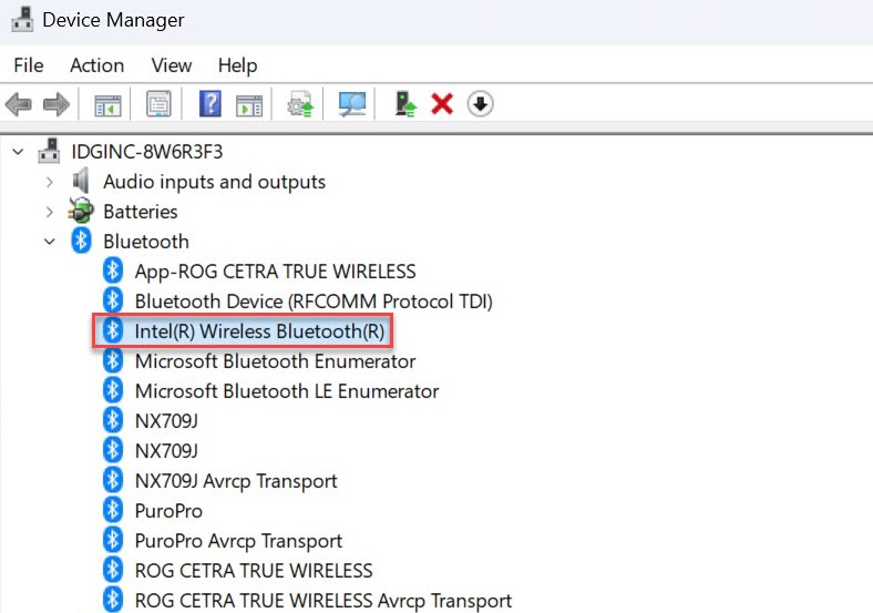 Диспетчер устройств Windows 11 с выделенным адаптером Bluetooth