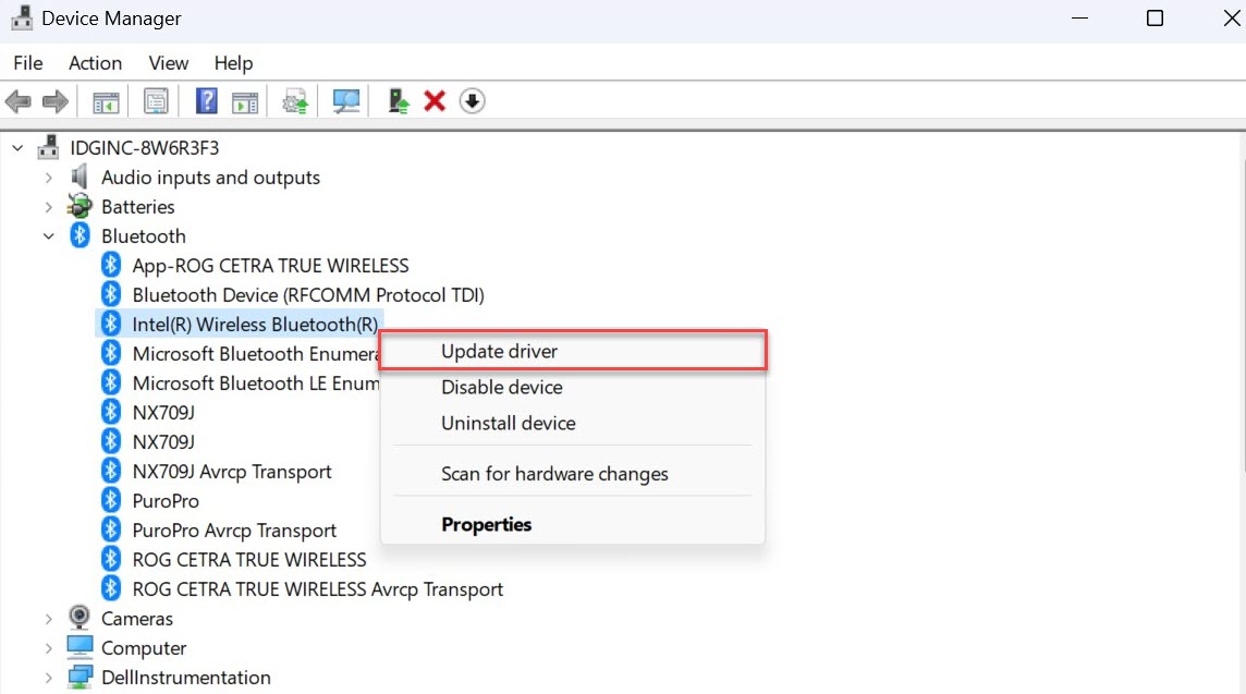 Диспетчер устройств Windows 11 с выделенным параметром «Обновить драйвер»
