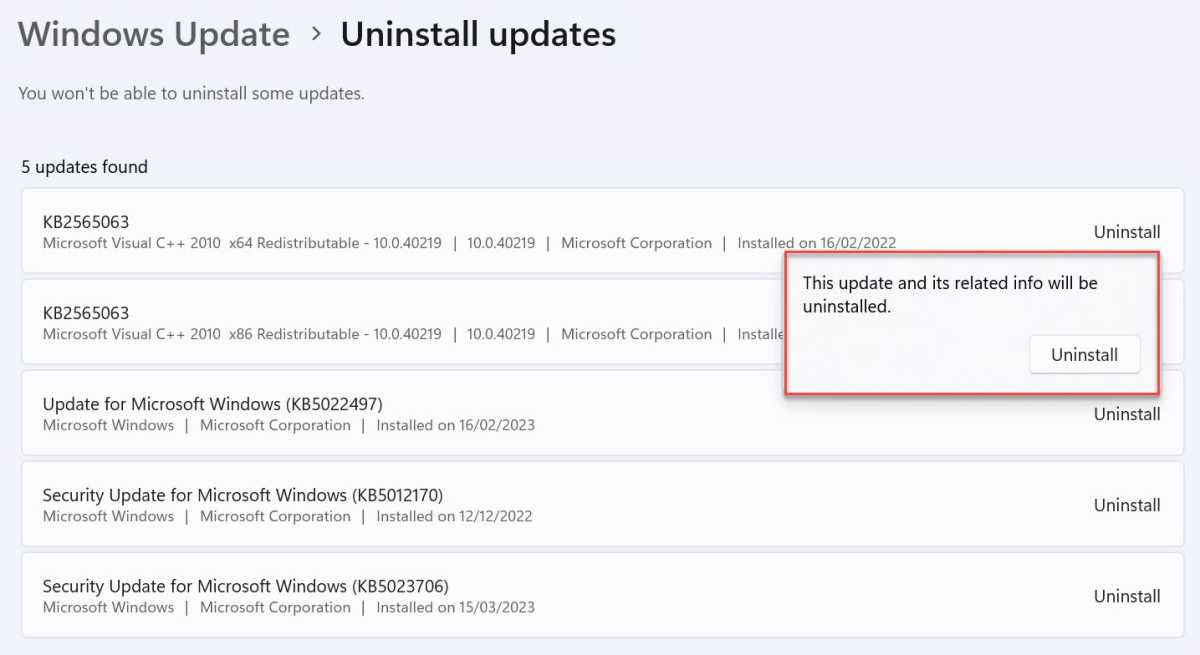 Параметры удаления обновлений Windows 11 с выделенным подтверждением