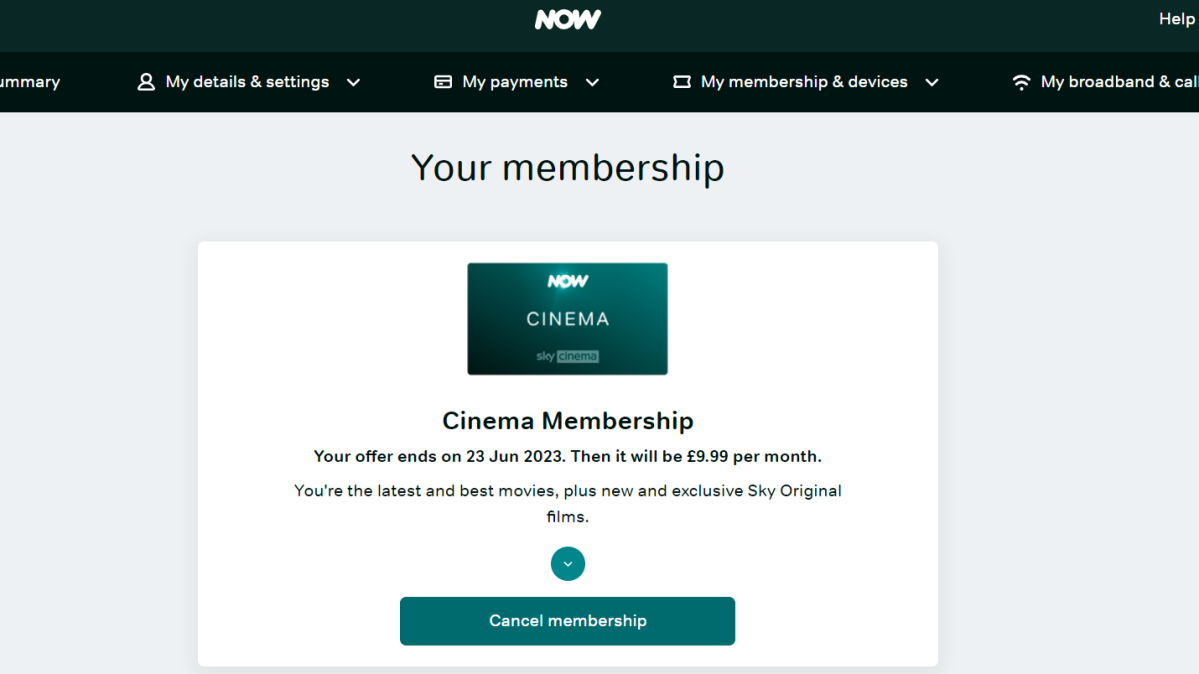 Страница отмены членства в кинотеатре