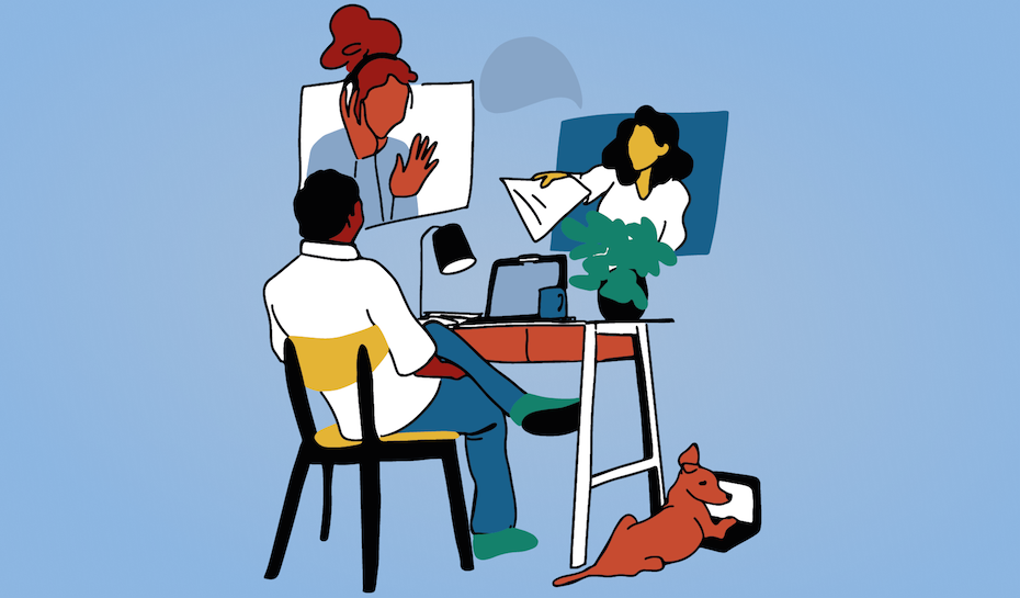 иллюстрация человека, сидящего за столом и делающего зум-звонок с двумя другими
