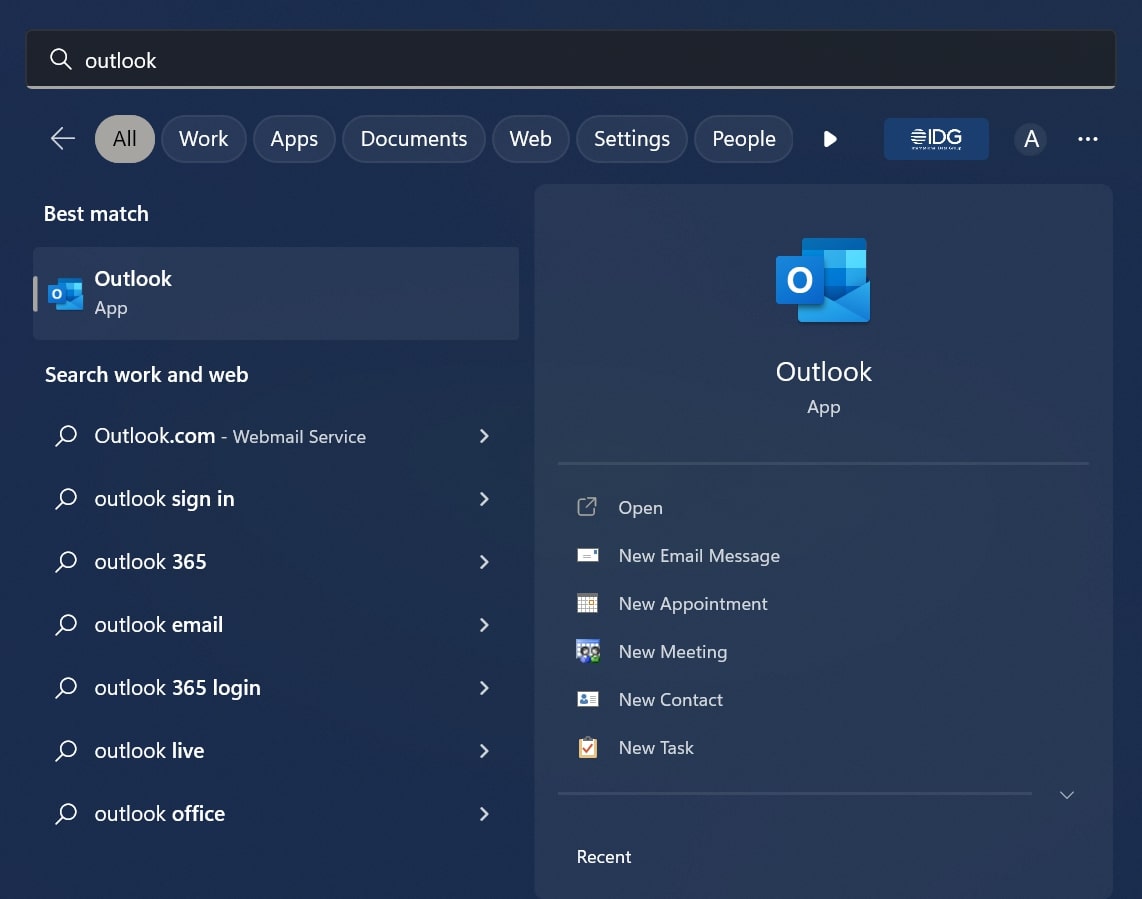 Поиск приложения Outlook в Windows 11