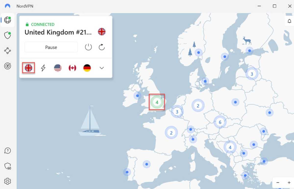 NordVPN подключен к серверу в Великобритании