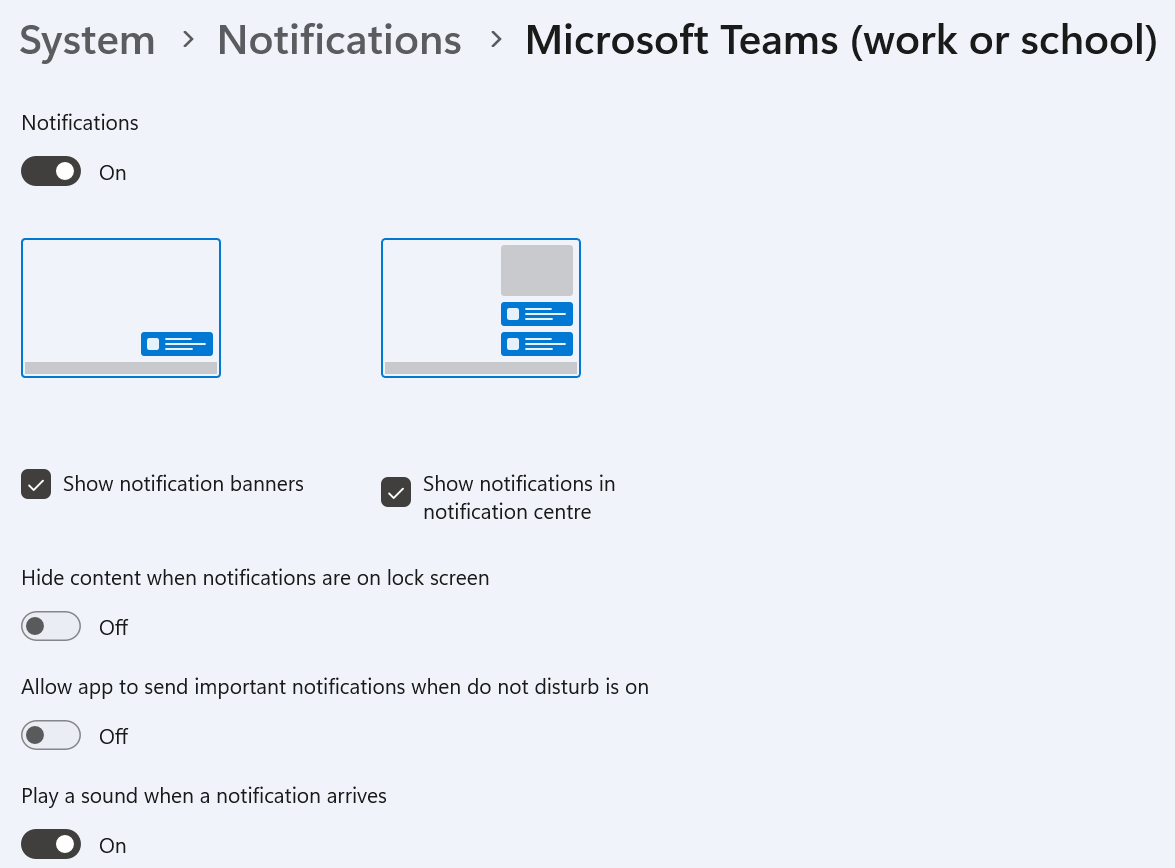 Настройки уведомлений Microsoft Teams в Windows 11