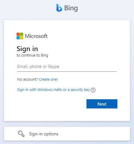 Экран входа в Bing