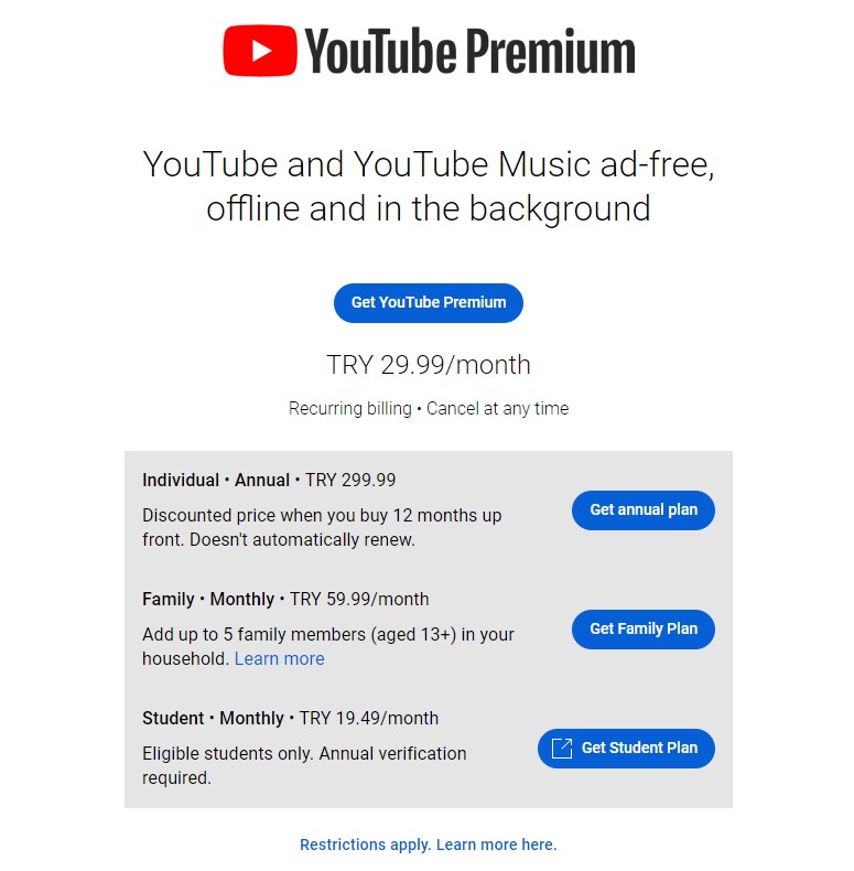Страница подписки на YouTube Premium