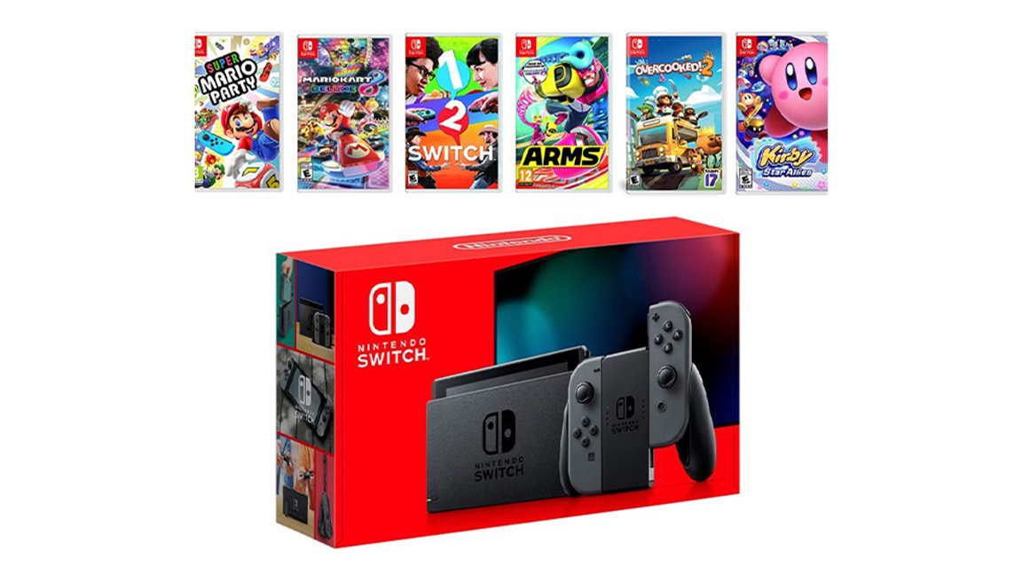 Фото коробки консоли Nintendo Switch и игр