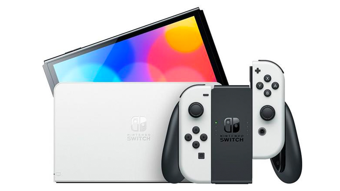 Лучшая игровая приставка;  OLED-экран Nintendo Switch на белом фоне