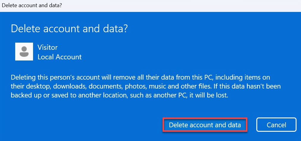 Скриншот метода удаления учетной записи пользователя Windows 11