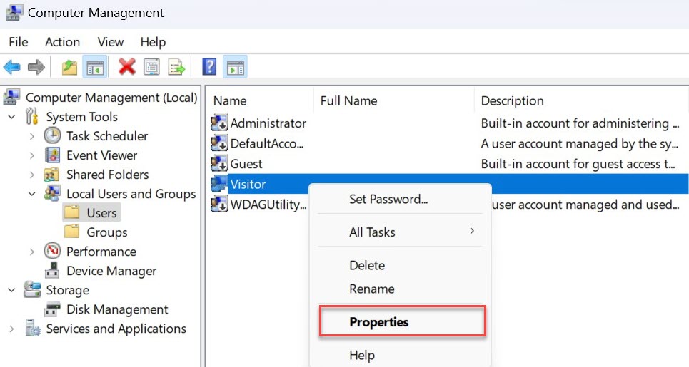 Скриншот метода отключения учетной записи пользователя в Windows 11