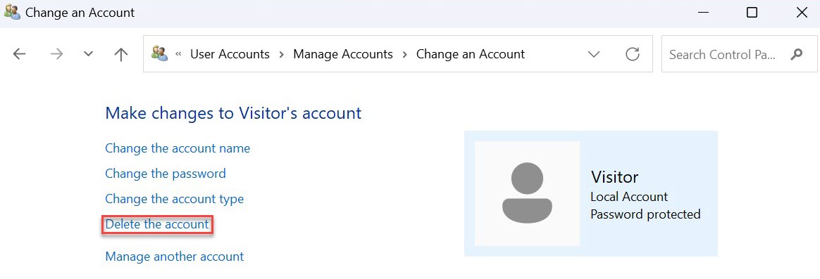 Скриншот метода удаления учетной записи пользователя Windows 11