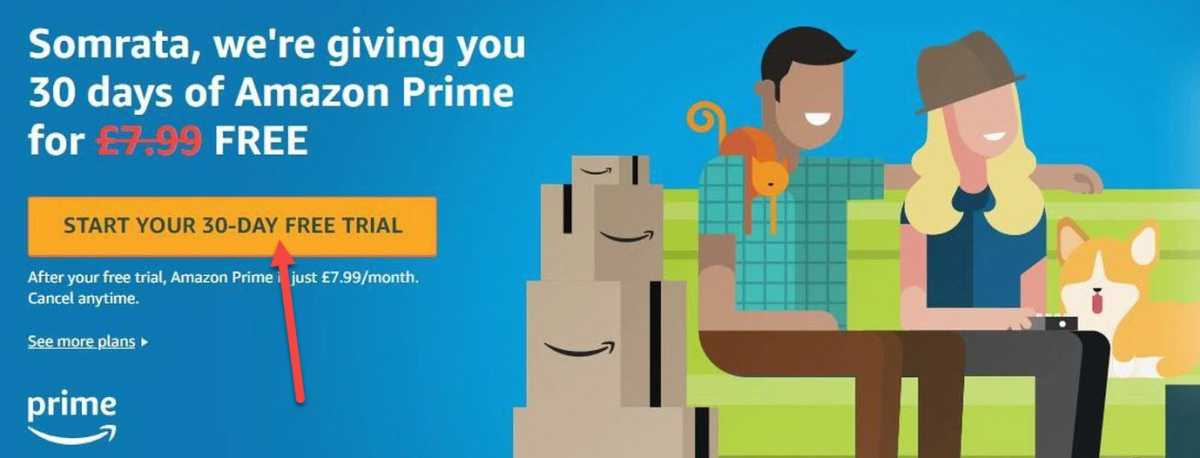 Amazon Prime зарегистрироваться 30-дневная бесплатная пробная версия 