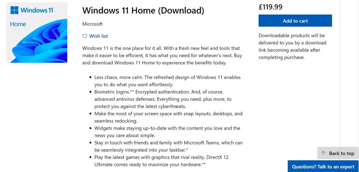 Страница покупки Windows 11 Home Microsoft