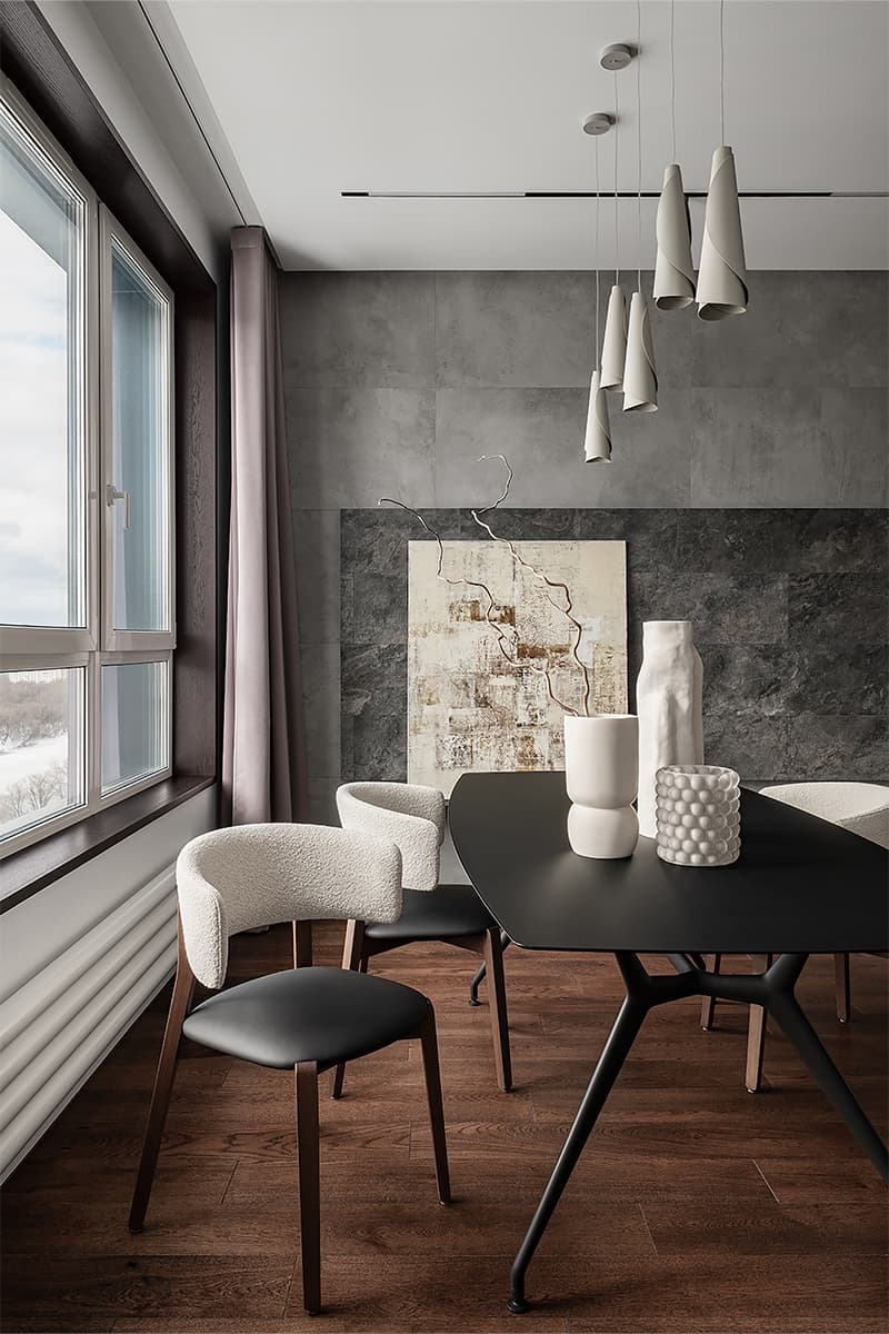 Контрастный интерьер квартиры с кухонным островом под мрамор — проект бюро Alexander Tischler