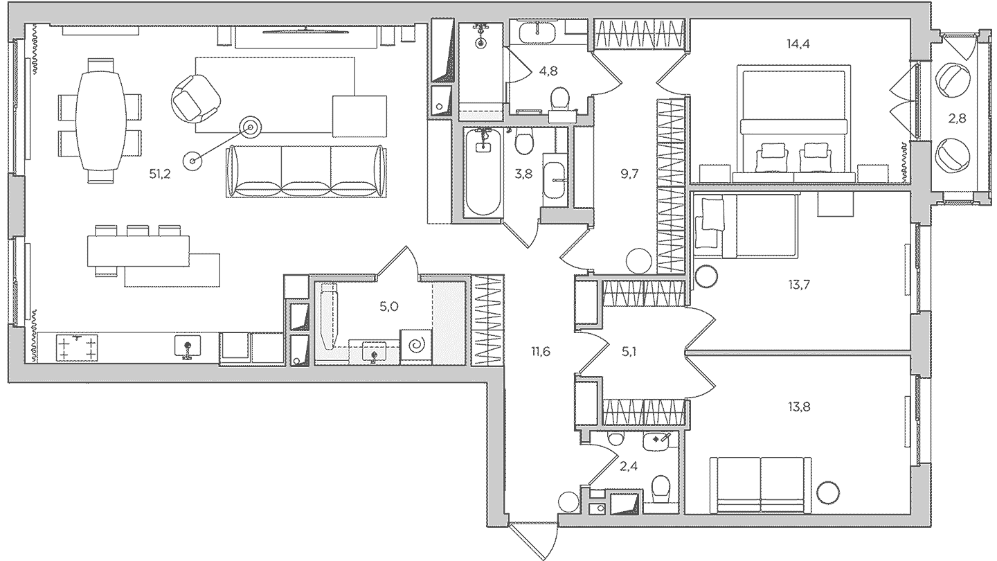 Контрастный интерьер квартиры с кухонным островом под мрамор — проект бюро Alexander Tischler